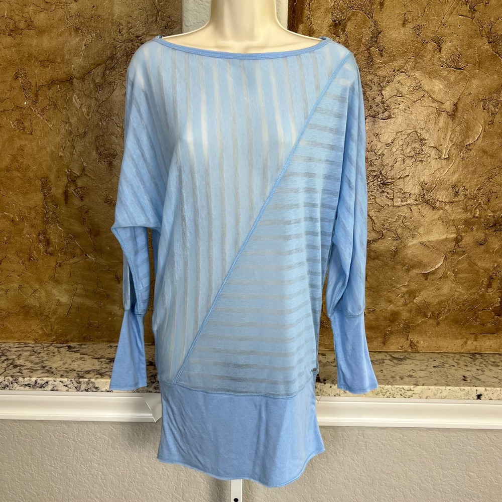 Alo Yoga Top Women Medium Blue Sheer Striped Long Sleeve Boat Neck Pullover